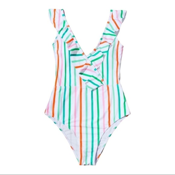 Shein Sexy Striped Ruffle Trim One Piece Swimsuit - Picture 1 of 3